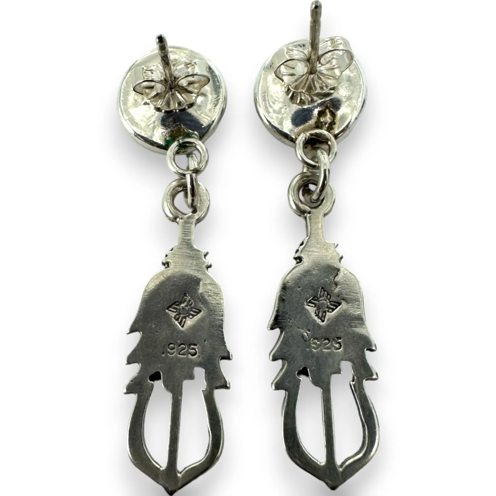 925 Sterling Silver Sunwest Brand Stamped Native American Charm Drop Dangle Earrings With Plastic Stone Accents