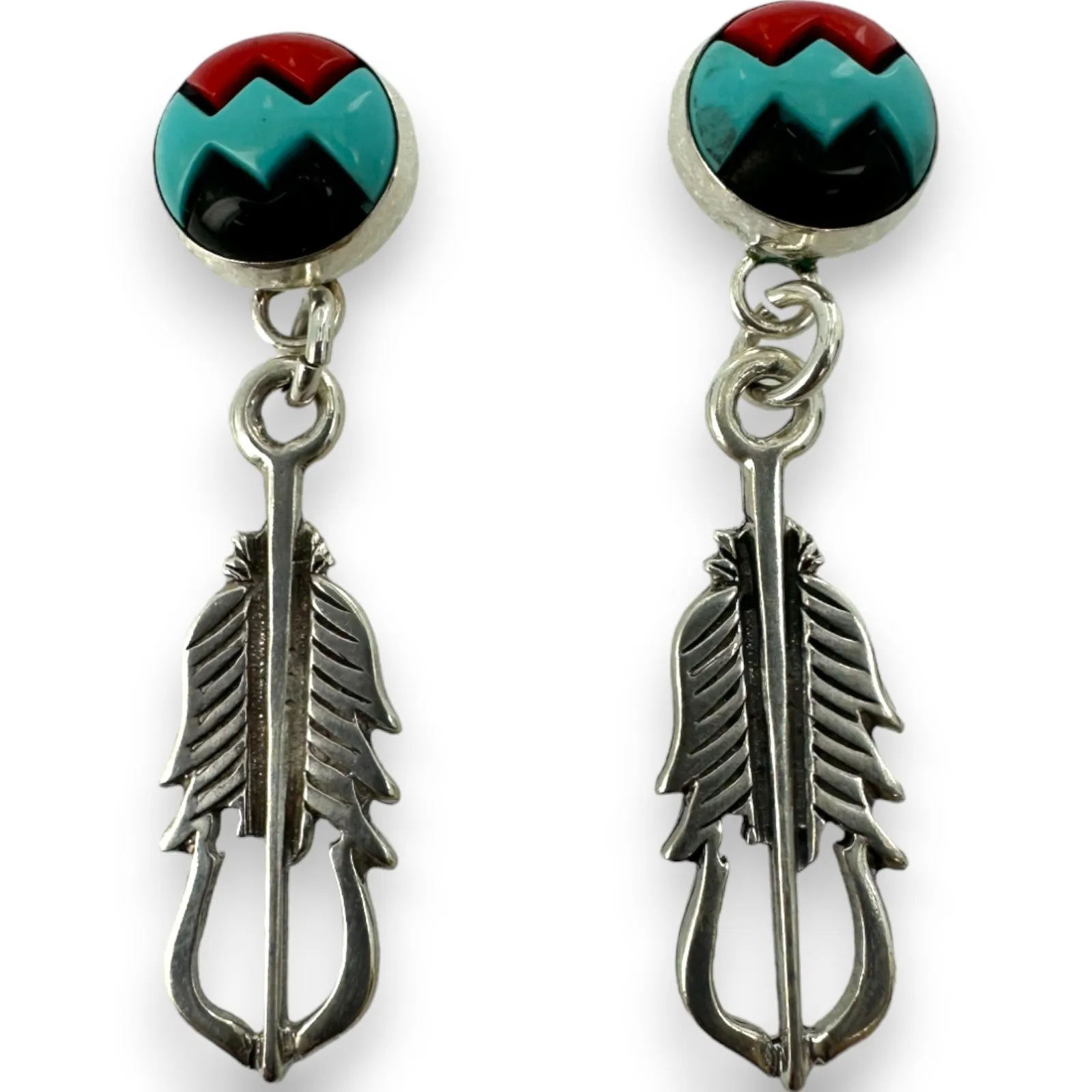 925 Sterling Silver Sunwest Brand Stamped Native American Charm Drop Dangle Earrings With Plastic Stone Accents