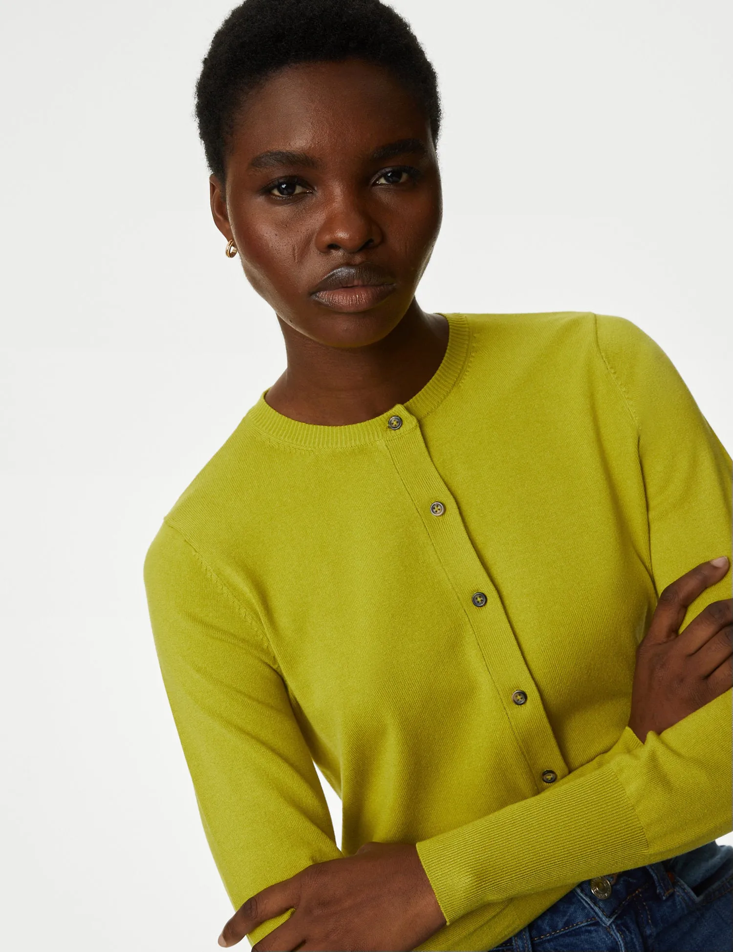 Crew Neck Button Front Cardigan