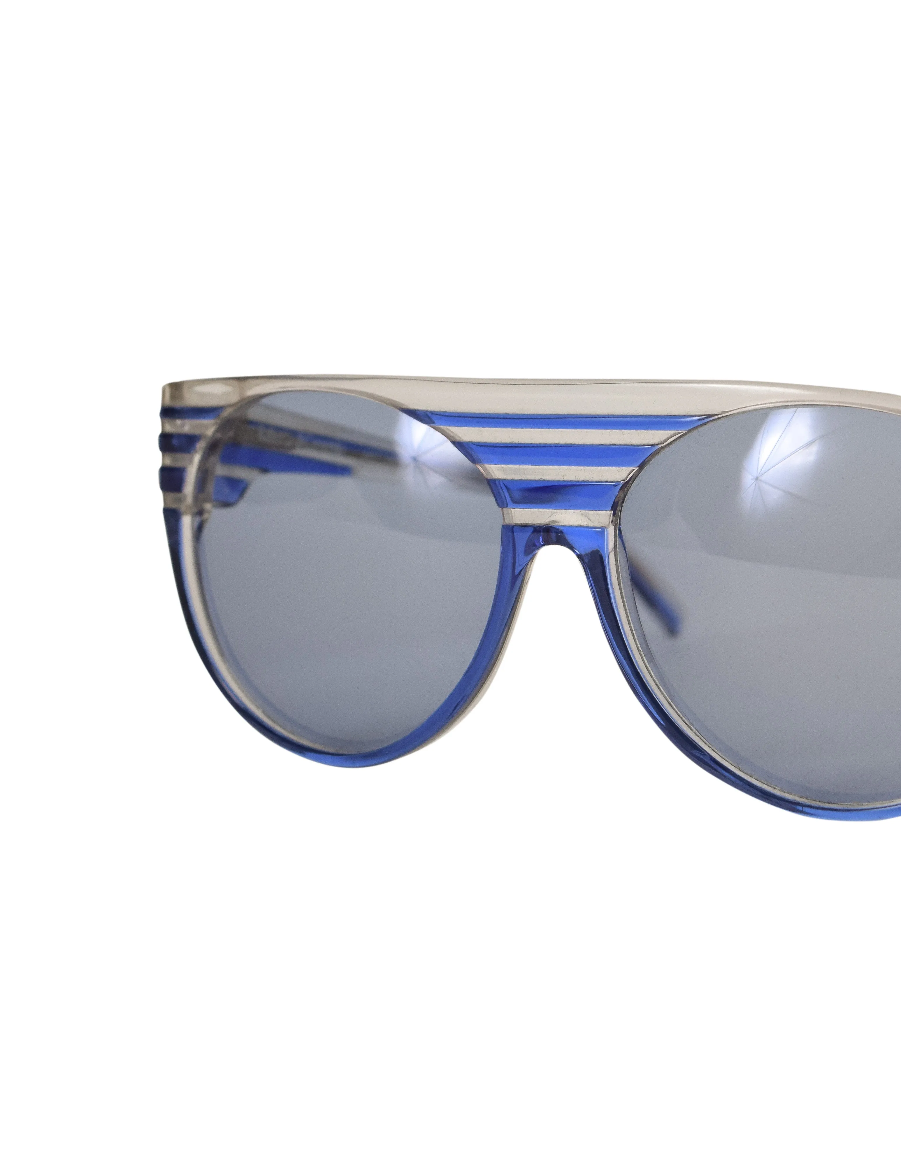 Roberta di Camerino Vintage 1980s Clear Blue Striped Flat Brow Round Lens Sunglasses