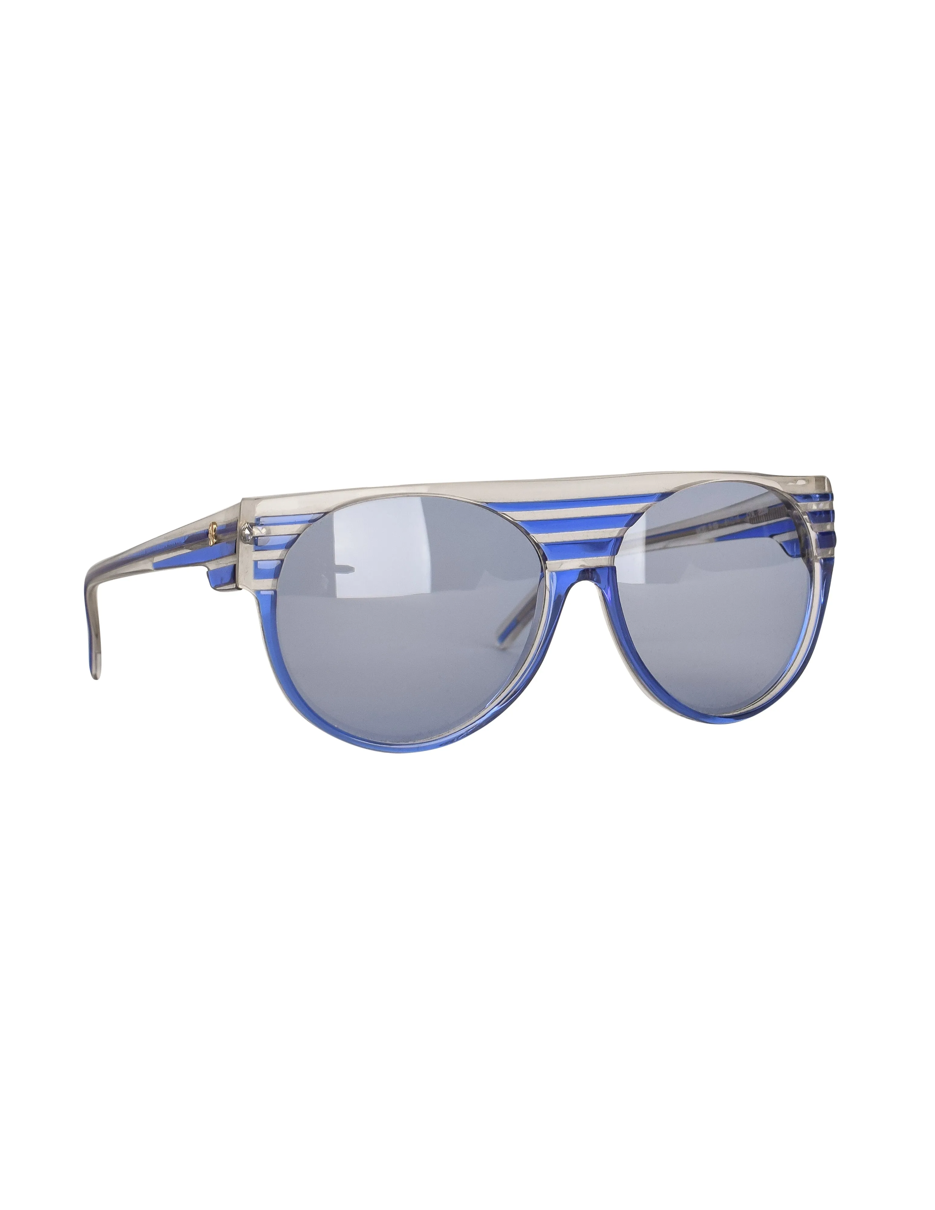 Roberta di Camerino Vintage 1980s Clear Blue Striped Flat Brow Round Lens Sunglasses