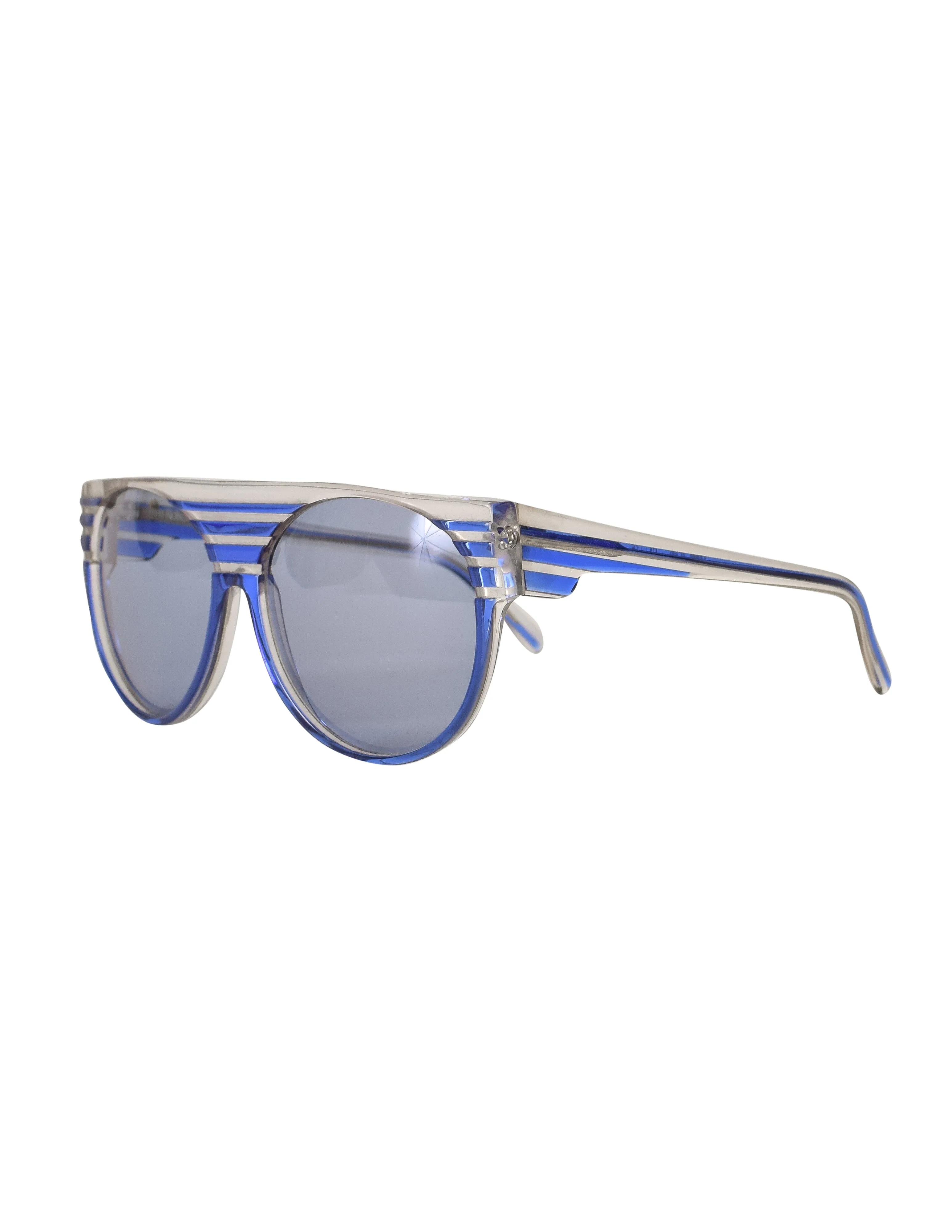 Roberta di Camerino Vintage 1980s Clear Blue Striped Flat Brow Round Lens Sunglasses