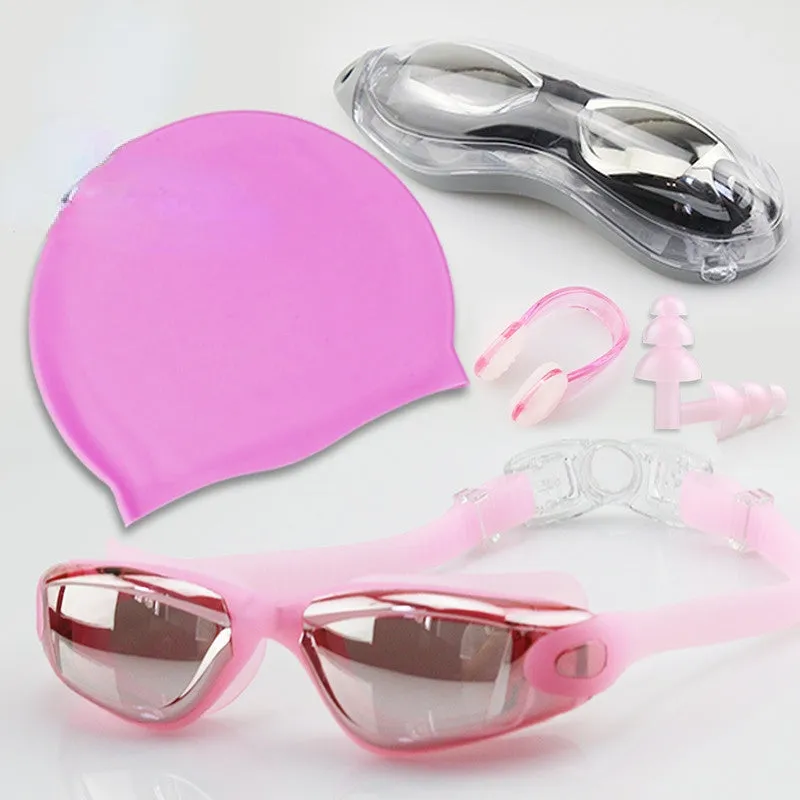 Swimming Goggles Set Adult Swimming Goggles Swimming Cap Waterproof Anti-Fog Silicone Swimming Goggles Electroplating HD Swimming Glasses Printable
