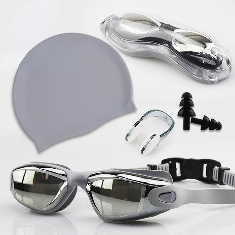 Swimming Goggles Set Adult Swimming Goggles Swimming Cap Waterproof Anti-Fog Silicone Swimming Goggles Electroplating HD Swimming Glasses Printable