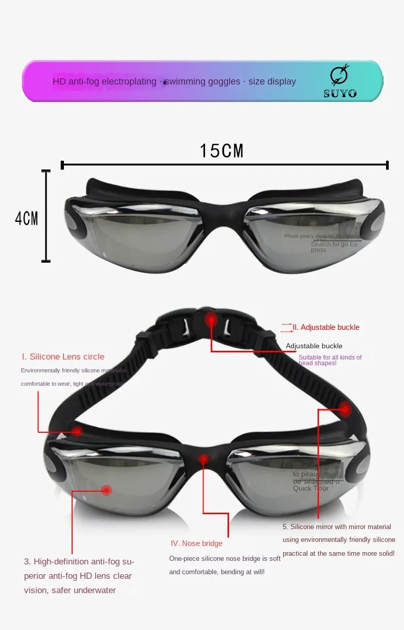 Swimming Goggles Set Adult Swimming Goggles Swimming Cap Waterproof Anti-Fog Silicone Swimming Goggles Electroplating HD Swimming Glasses Printable